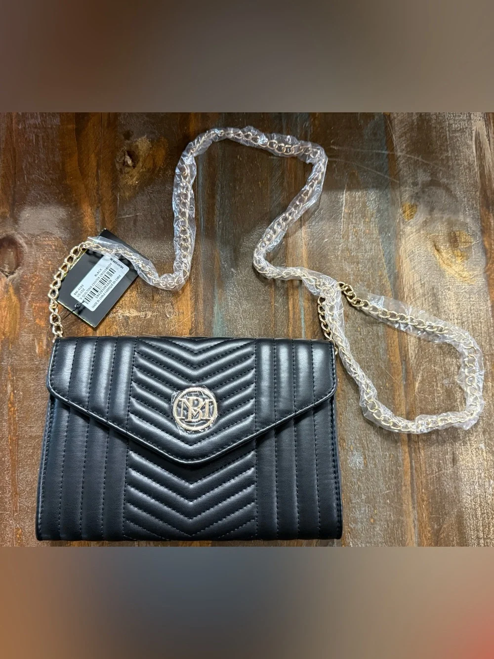 Badgley Mischka Black Envelope Flap Quilted Crossbody Bag w/Gold Chain NWT